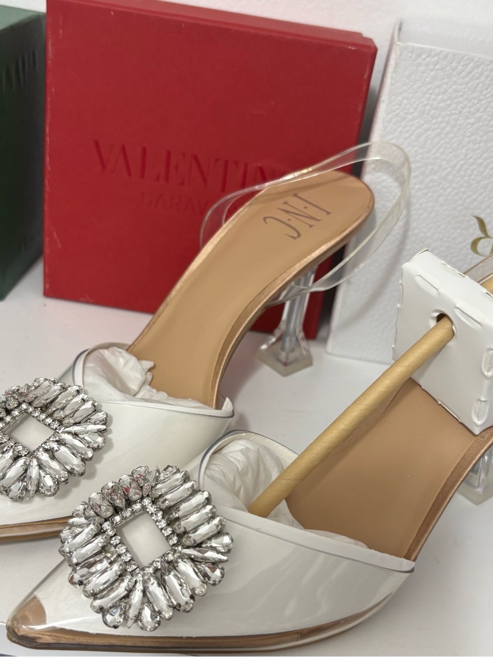 INC International Concepts White Jewel-Embellished Clear-Strap Heels
